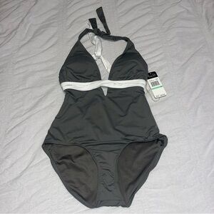Anne Cole Womens One Piece Swimsuit with Halter Top Gray and White Size 8 NWT